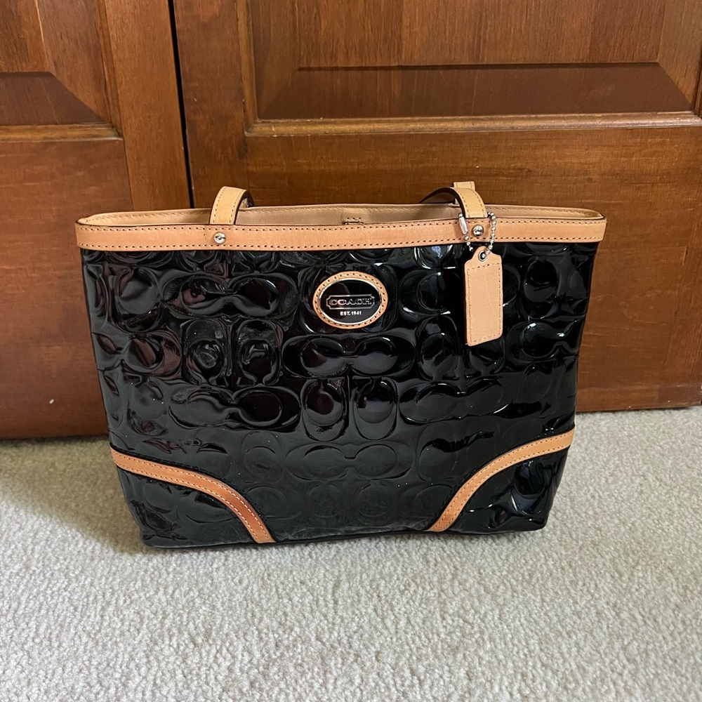 Coach Glossy Black and Tan Tote Bag